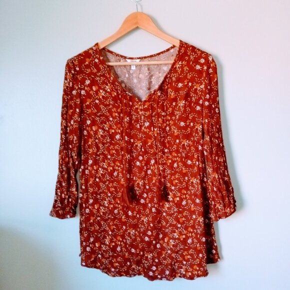 Sonoma Brown Fall V Neck Boho Top with Tassel Strings - Picture 1 of 6